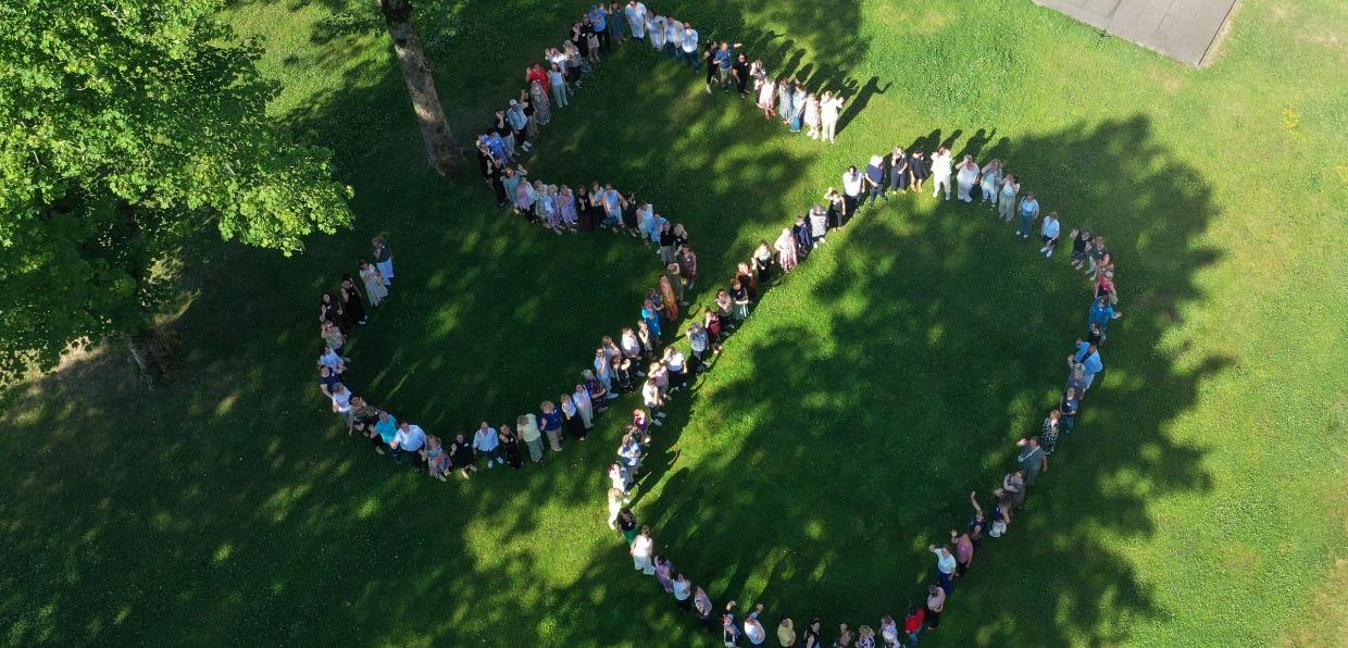 Viele Menschen haben sich auf einer schattigen Wiese aufgestellt und gemeinsam die Zahl 50 gebildet.