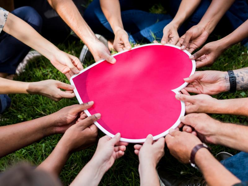 shutterstock_1244940034_Vielfalt_verschiedene_Hände_halten_Herz_rosa_frei